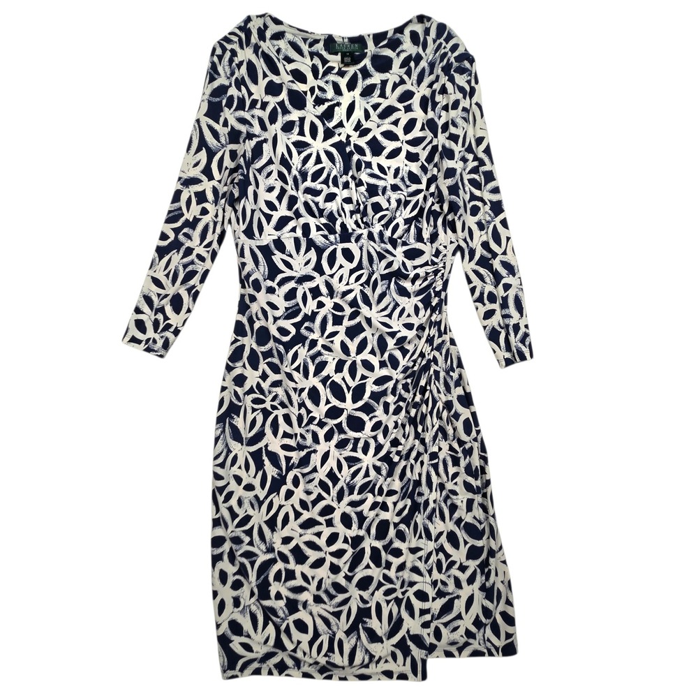 Lauren Ralph Lauren Faux Wrap Dress Womens 12 Navy Blue White‎ Geometric Ruched